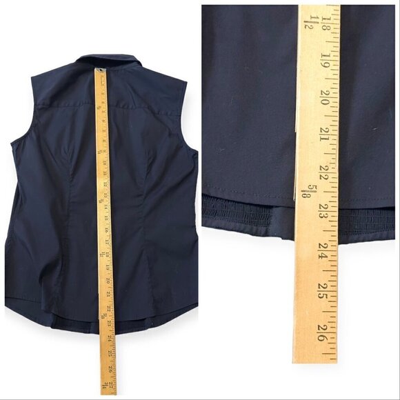 Prada Dark Blue Sleeveless Button Down Shirt, Size 44 Italy, stretch - Picture 12 of 15
